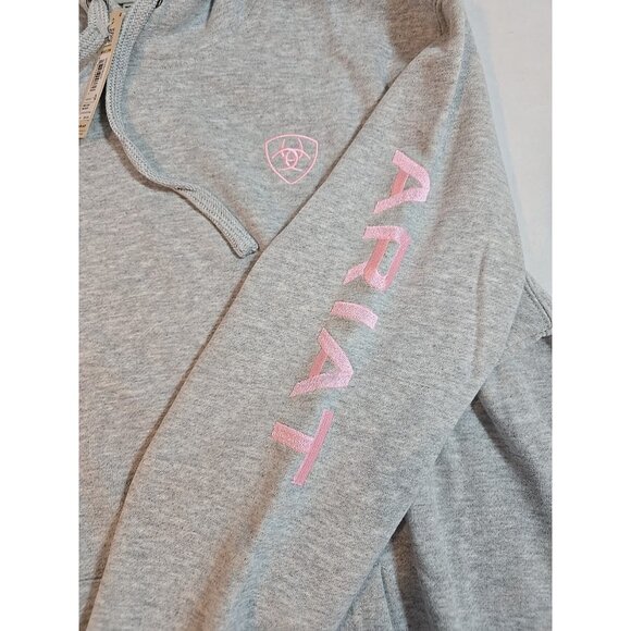 Ariat Womens Logo Spell Out Hoodie Sweatshirt pocket Gray Pink Size L New - Picture 11 of 16